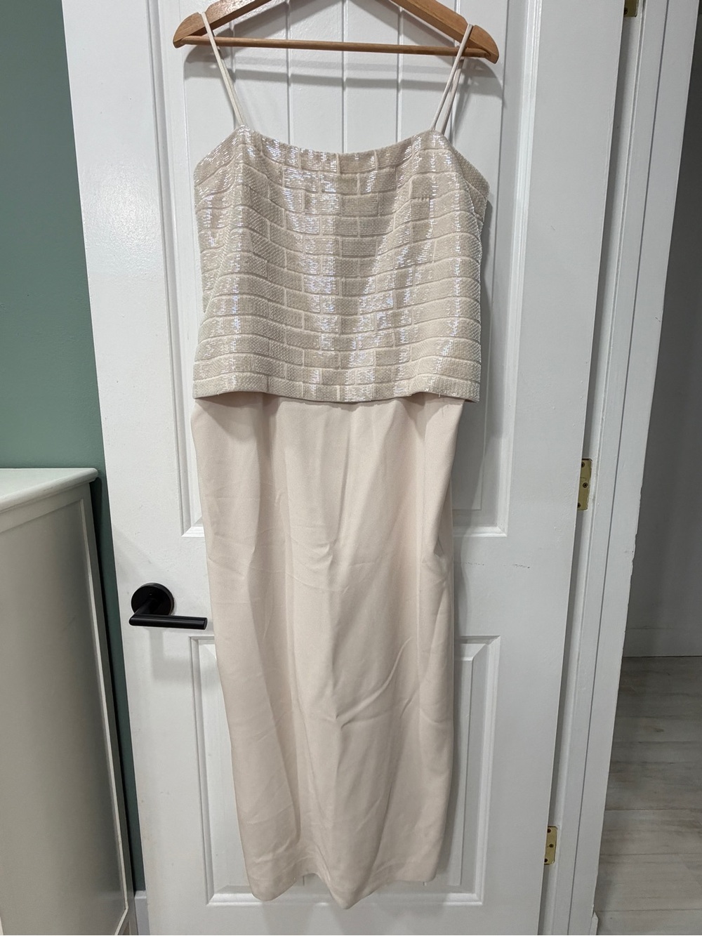 Daymor Couture Elegant Cream Maxi Dress w/ Sequined Bodice and Spaghetti Straps